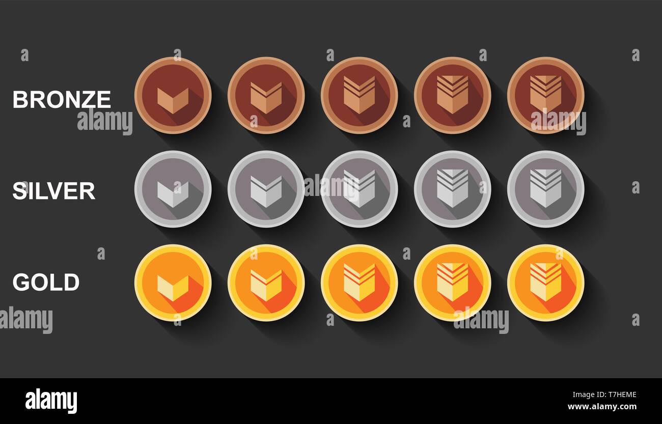 Flat vectors set game rank illustration design. Bronze, silver and