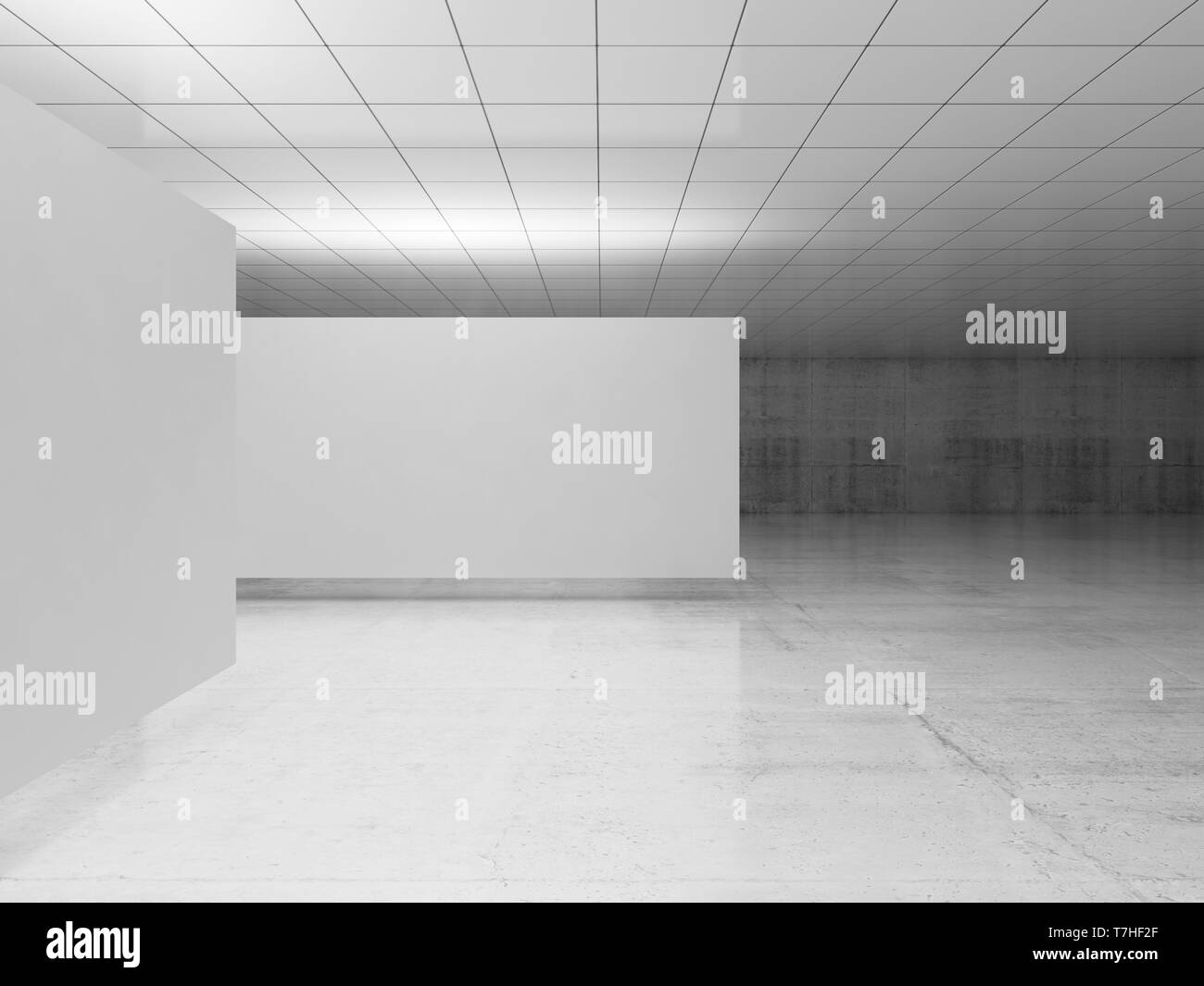 Abstract empty minimalist interior design, white stands levitating in exhibition gallery with walls made of polished concrete and shiny ceiling. Conte Stock Photo