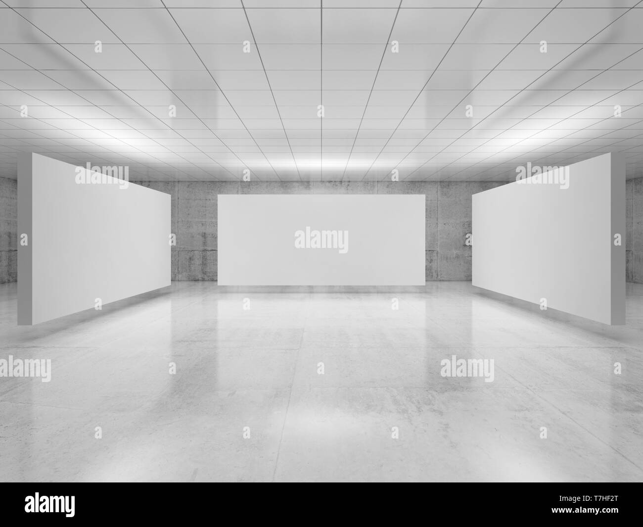 Abstract empty minimalist interior design, three white stands installation levitating in exhibition gallery with walls made of polished concrete. Cont Stock Photo