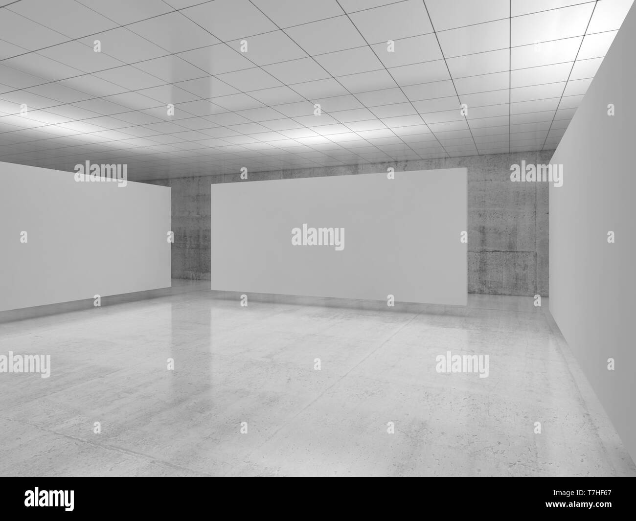 Abstract empty minimalist interior design, white banner stands levitating in exhibition gallery with walls made of polished concrete and shiny ceiling Stock Photo