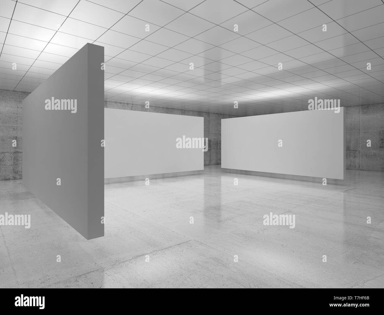 Abstract empty minimalist interior, three white stands installation levitating in exhibition gallery with walls made of polished concrete and shiny ce Stock Photo