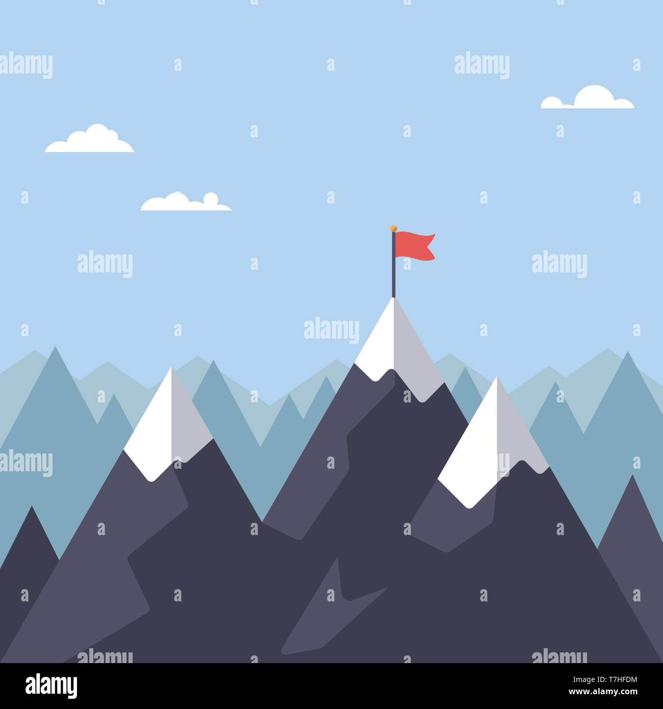 Flag on mountain peak flat design vector illustration. Success concept. Stock Vector