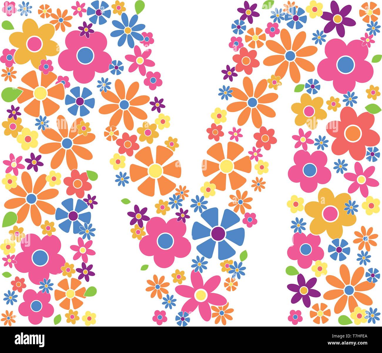 Letter M filled with a variety of colorful flowers isolated on white background vector illustration Stock Vector