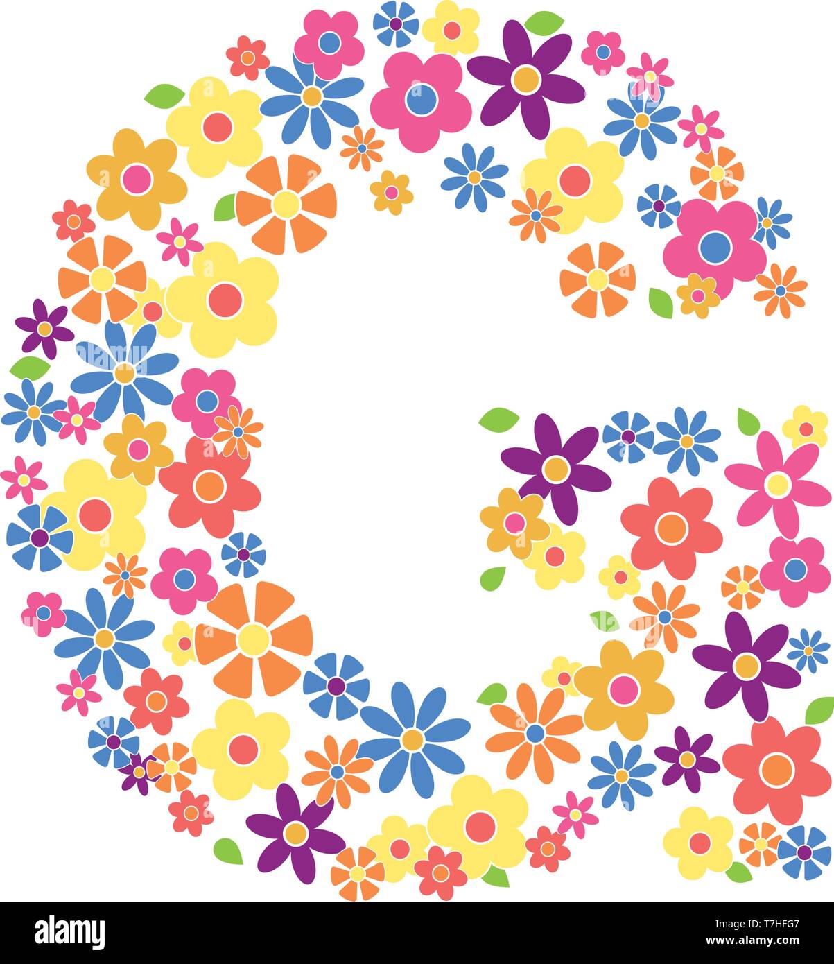 Letter G filled with a variety of colorful flowers isolated on white background vector illustration Stock Vector