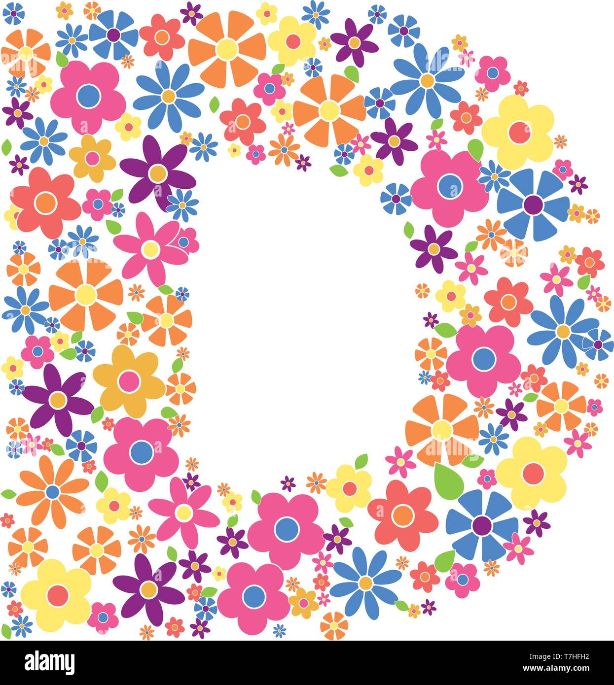 Letter D filled with a variety of colorful flowers isolated on white background vector illustration Stock Vector
