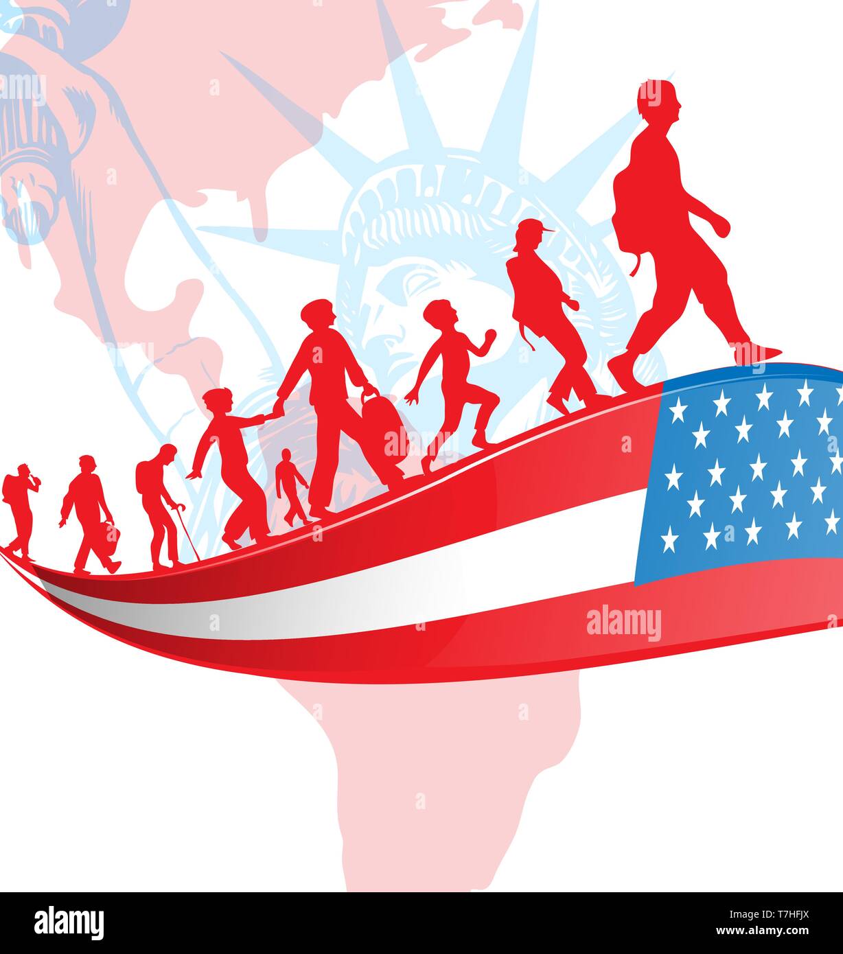 USA flag with immigration people on american map.illustration Stock Vector
