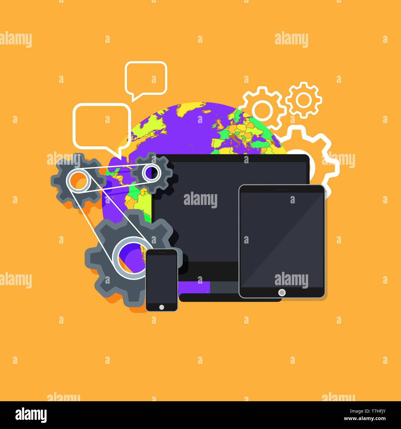 Design web interface website computer. Development responsive mobile, tablet, laptop UI screen. Digital technology site device vector. Banner sign net Stock Vector