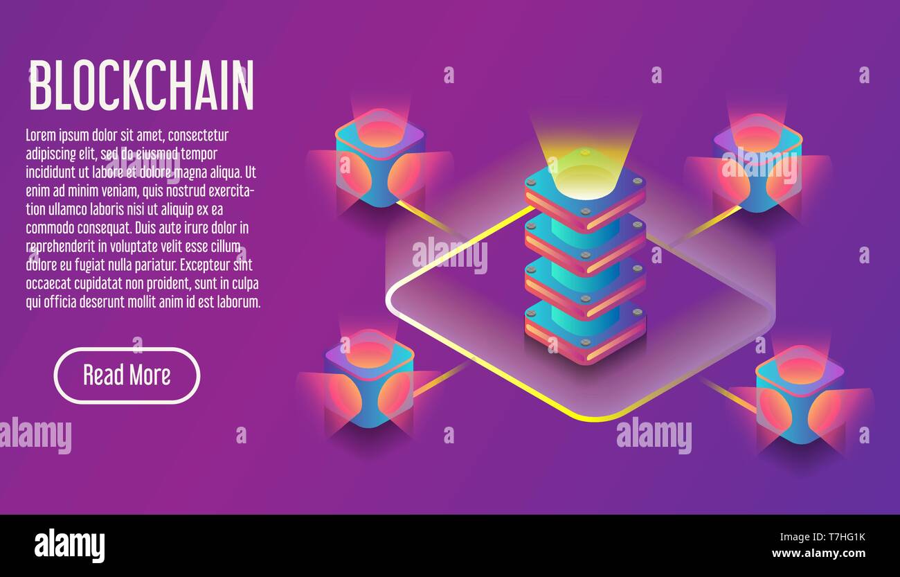 Blockchain isometric 3D virual commerce banner. Design service communication binary vector illustration. Stock Vector