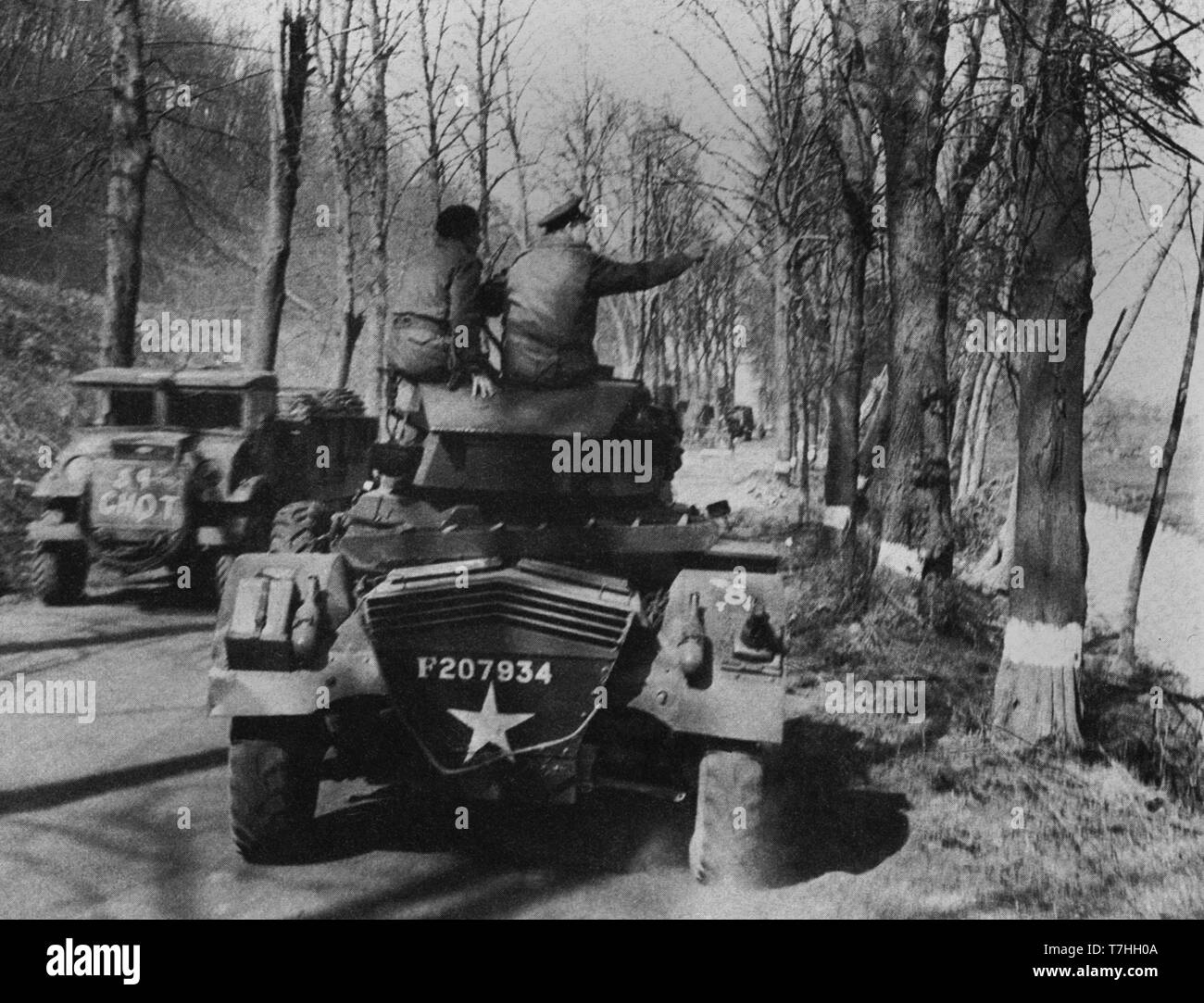 Winston Churchill  aboard an American armoured car near the River Rhine on March 23 1945, just after the first crossing by Allied troops. Stock Photo