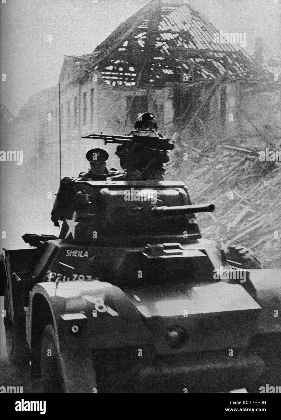 Winston Churchill  aboard an American armoured car near the River Rhine on March 23 1945, just after the first crossing by Allied troops. Stock Photo