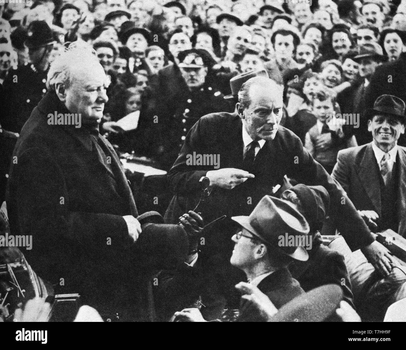 Winston Churchill speaking during the lead-up to the 1945 General Election. Stock Photo