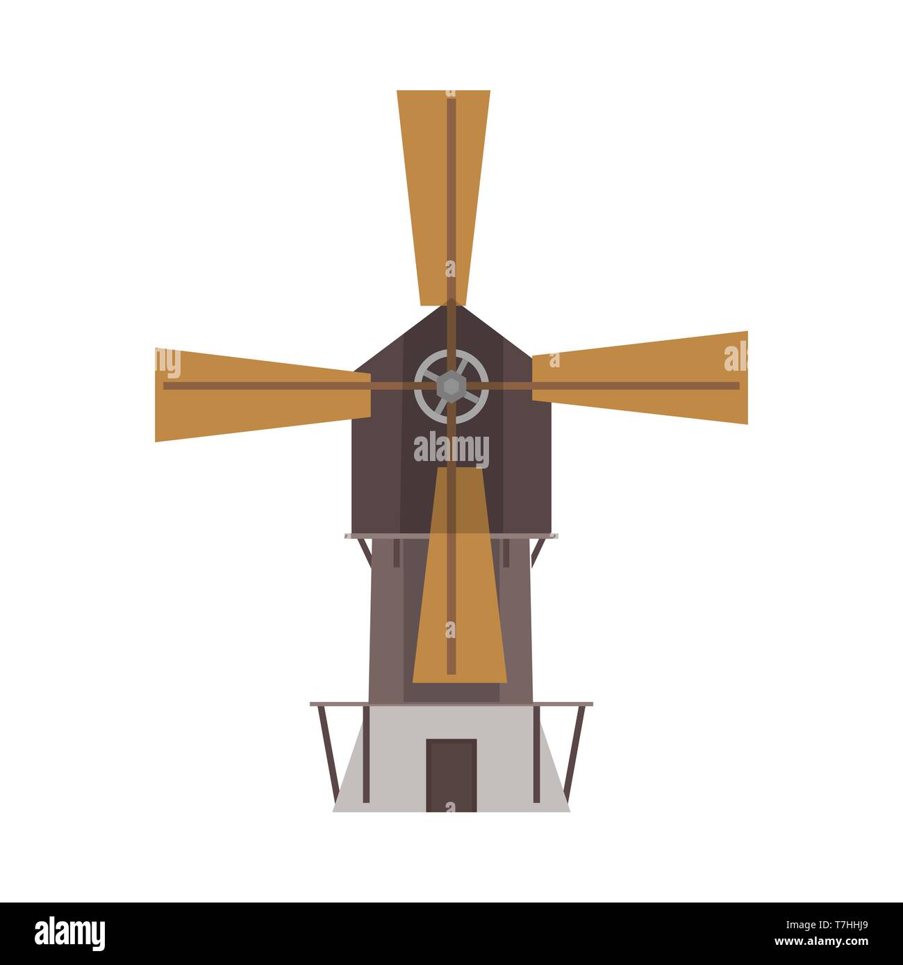 Windmill technology industry vector front view. Environmental flat power wind farm field wheat icon. Stock Vector
