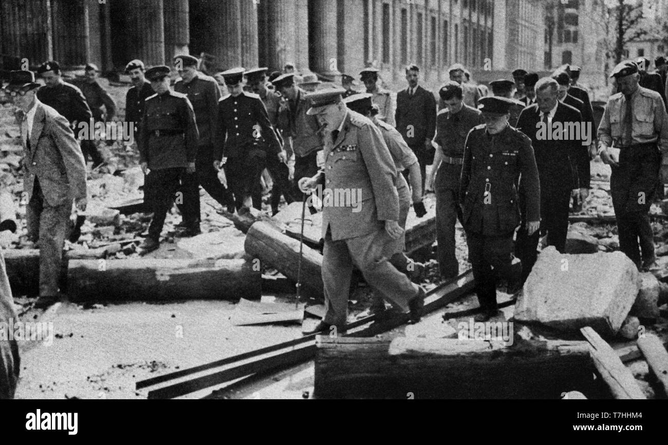 Winston Churchill visiting the ruins of the Chancellery in Berlin .July 16th, 1945. Stock Photo