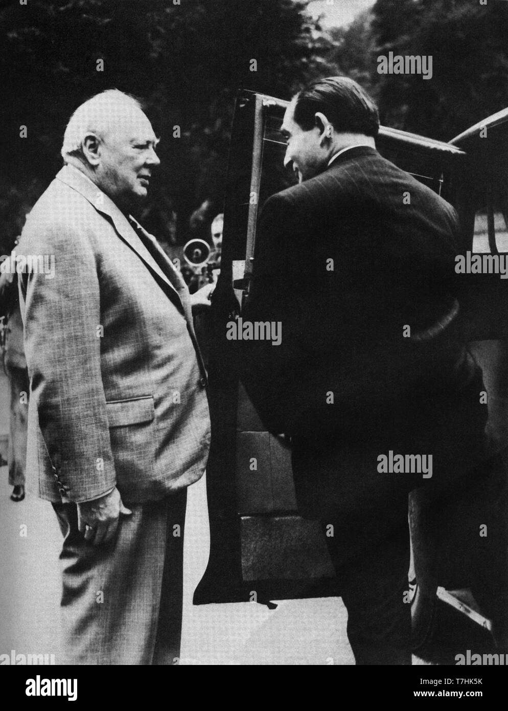 Prime Minister Winston Churchill  with the French Prime Minister, Pierre Mendez-France at Chartwell, August 1954 Stock Photo