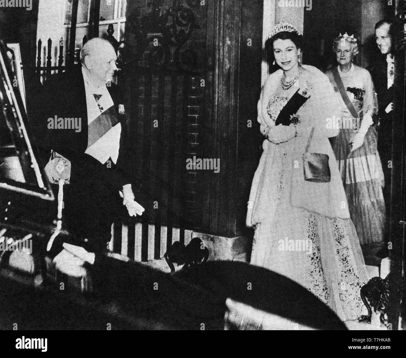 Winston Churchill hosted a dinner at 10 Downing Street for the Queen and Prince Philip on his last night as Prime Minister.6th April 1955 Stock Photo