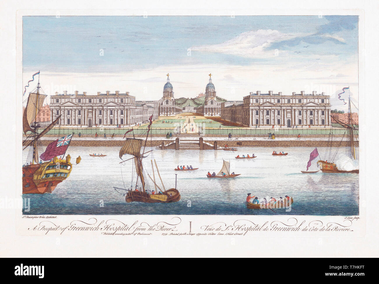 A prospect of Greenwich Hospital from the river.  After an engraving dated 1751 by John June.  Later colourization. Stock Photo