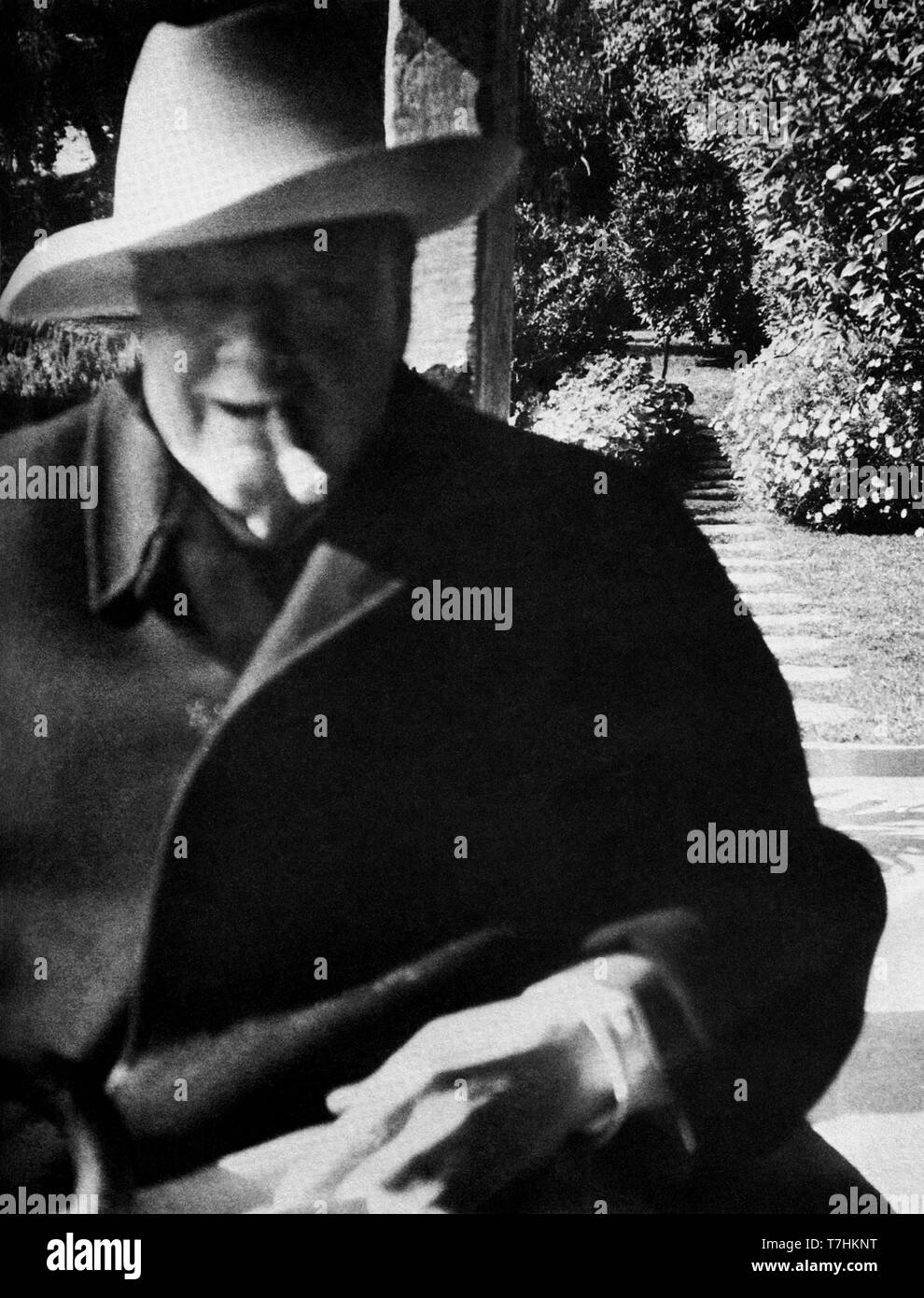 Winston Churchill in late age enjoying a garden in the South of France Stock Photo