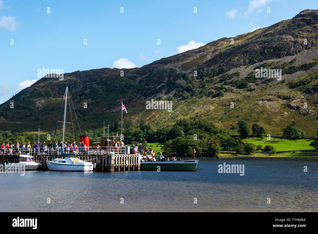 Lake steamer “Lady of the Lake” loading passengers at Glenridding pier on Ullswater in the Lake District National Park, Cumbria, England, UK Stock Photo