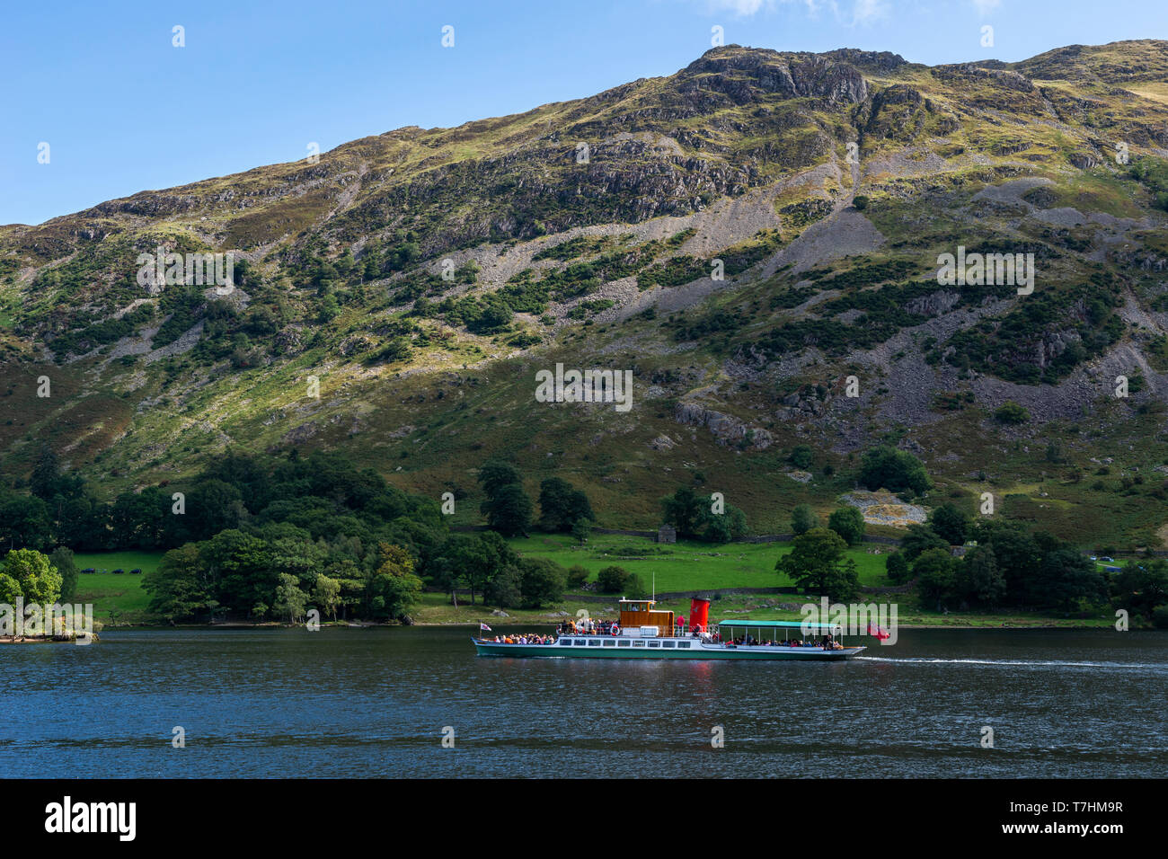 Lake steamer “Lady of the Lake” travelling north-east on Ullswater in the Lake District National Park, Cumbria, England, UK Stock Photo