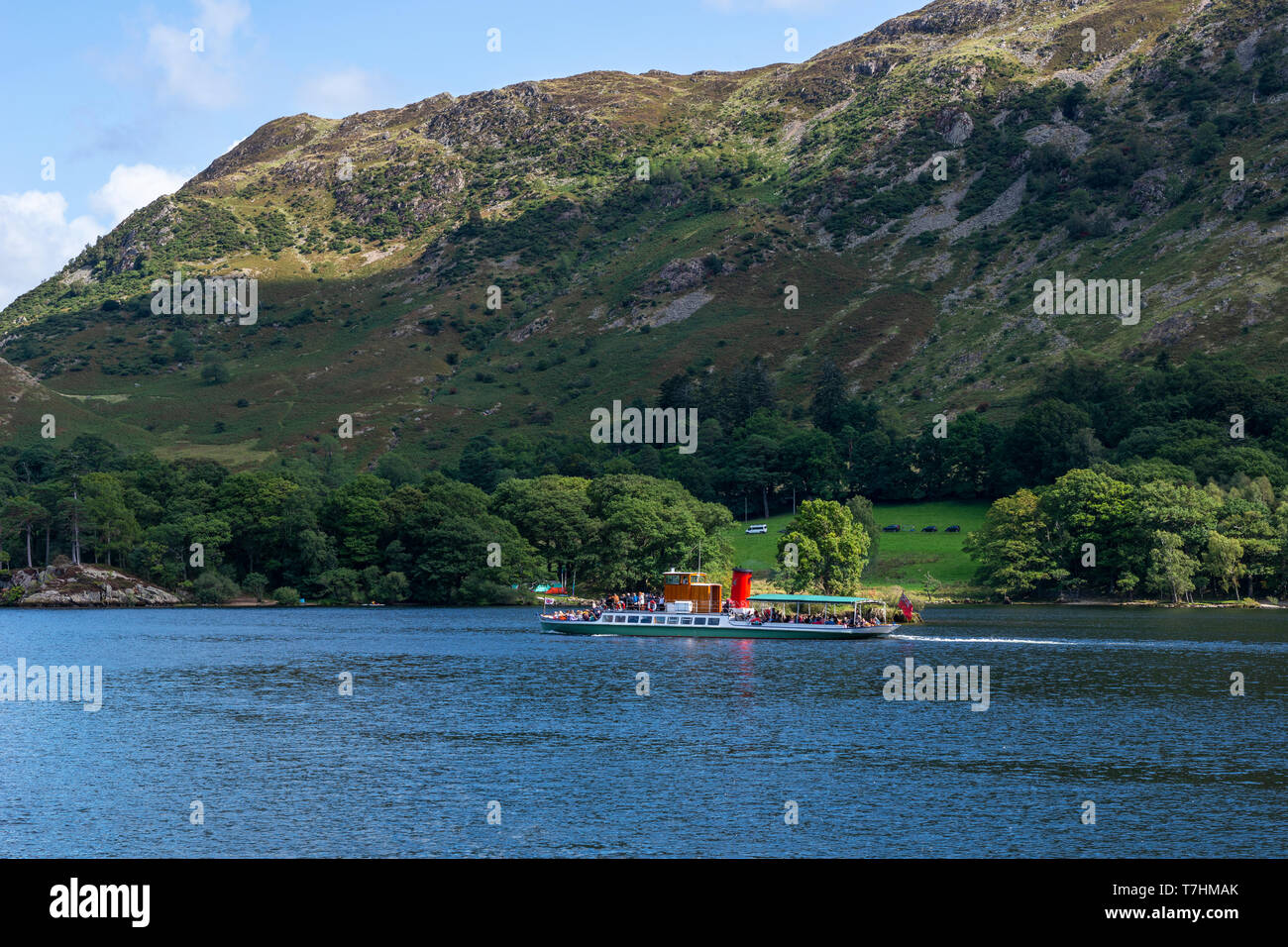 Lake steamer “Lady of the Lake” travelling north-east on Ullswater in the Lake District National Park, Cumbria, England, UK Stock Photo