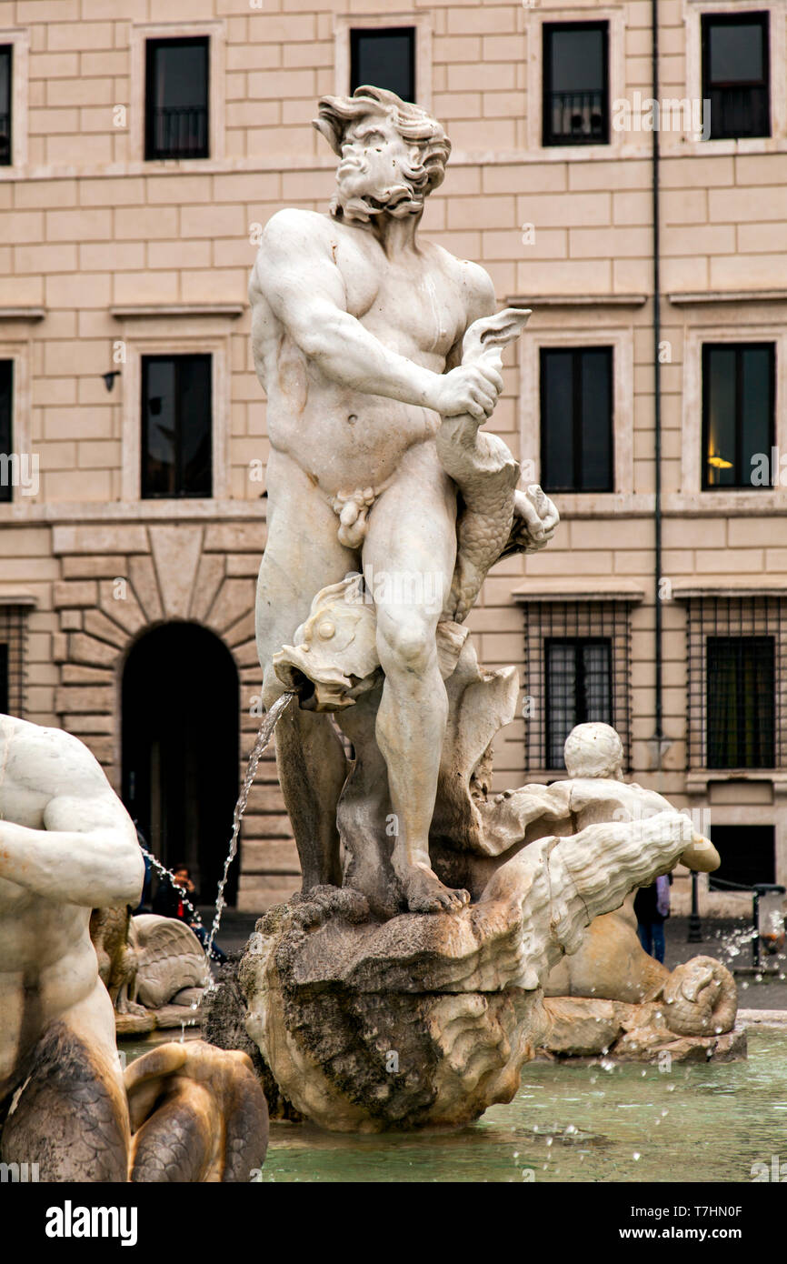 Moor Fountain, Fontana del Moro, is a fountain located at the southern end of the Piazza Navona, Rome, Italy. originally designed by Giacomo della Por Stock Photo