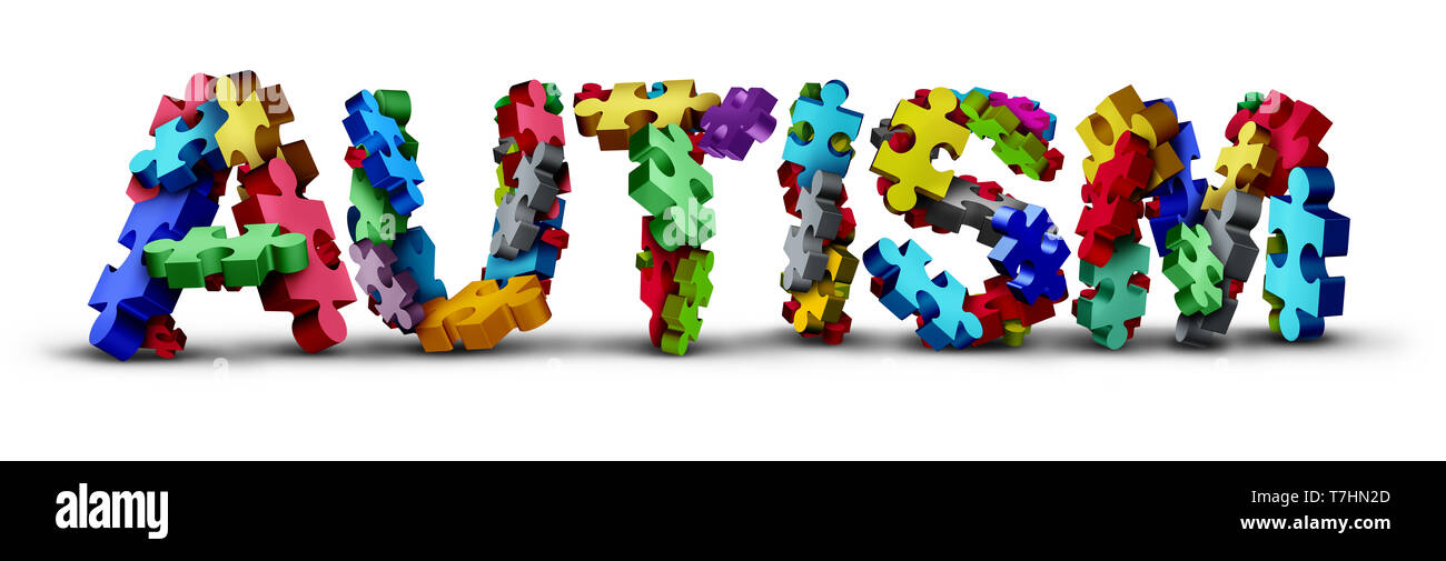 Autistic developmental education and autism disorder puzzle text representing children sand child special learning icon as jigsaw pieces. Stock Photo