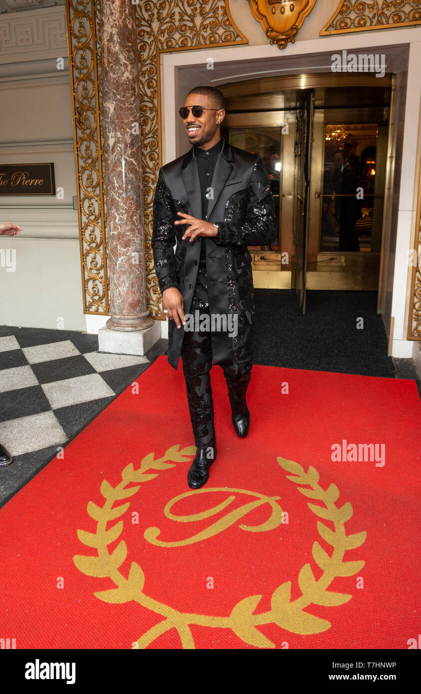 New York, NY - May 6, 2019: Michael B. Jordan wearing suit by Coach leaves  The Pierre Hotel for Met Gala on theme Camp: Notes on Fashion Stock Photo -  Alamy