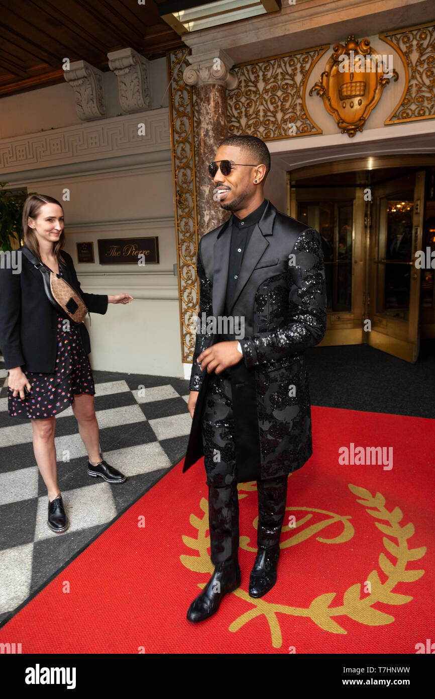New York, NY - May 6, 2019: Michael B. Jordan wearing suit by Coach leaves  The Pierre Hotel for Met Gala on theme Camp: Notes on Fashion Stock Photo -  Alamy
