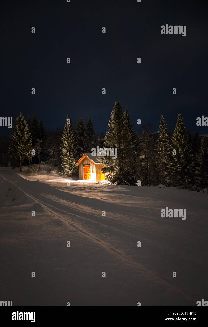 Small cabin in the winter forest, snowy road, night sky, dark light. Stock Photo