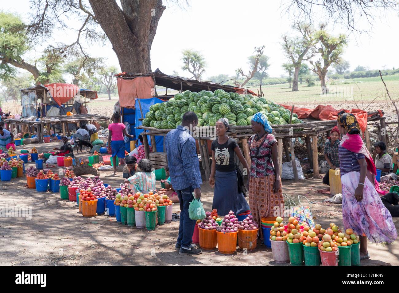 Ethiopia, Rift Valley, Ziway, Ziway lake, sale of vegetables (tomatoes and onions) at the edge of the road Stock Photo