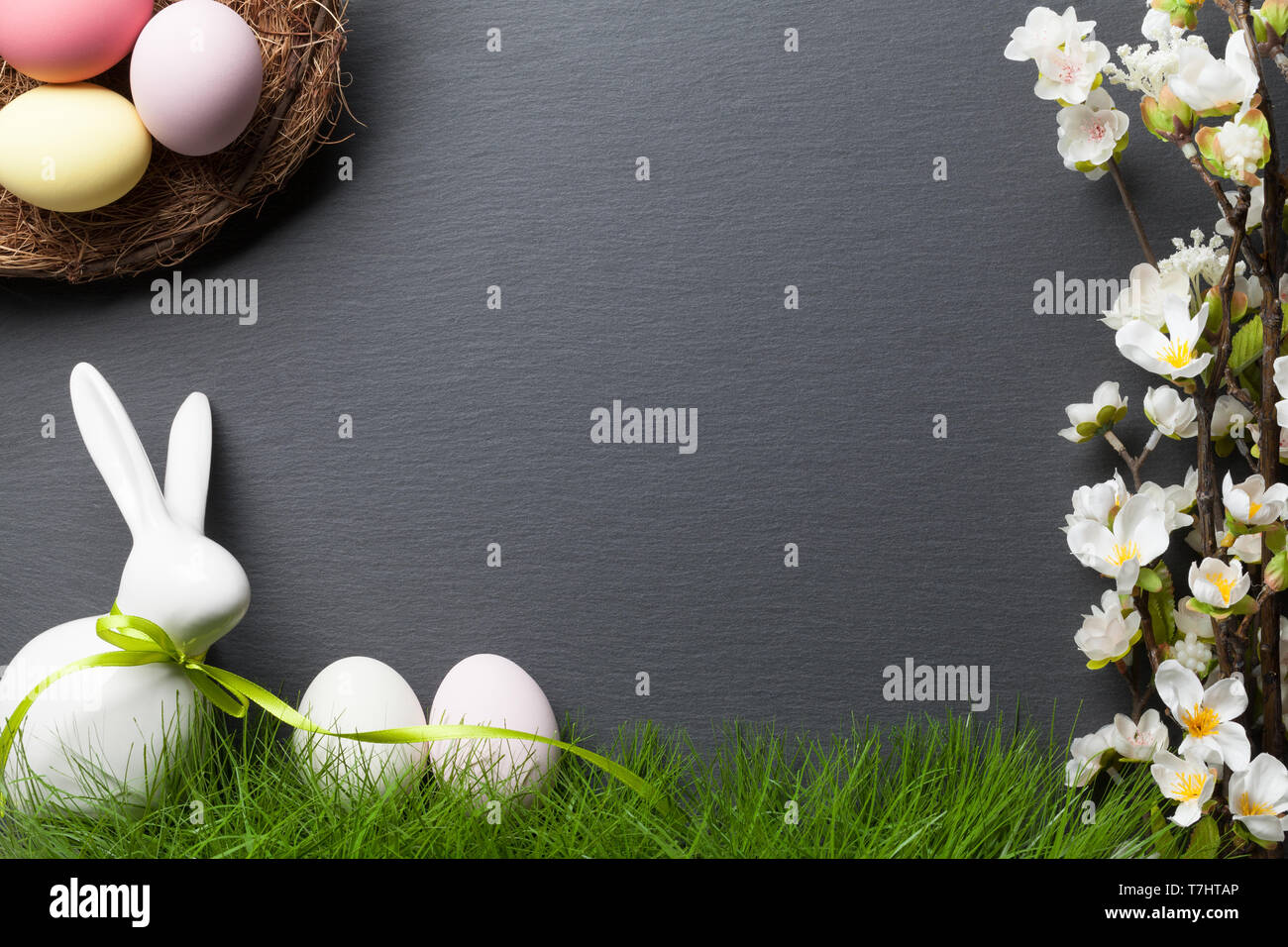 Happy easter background with easter bunny and easter eggs Stock Photo