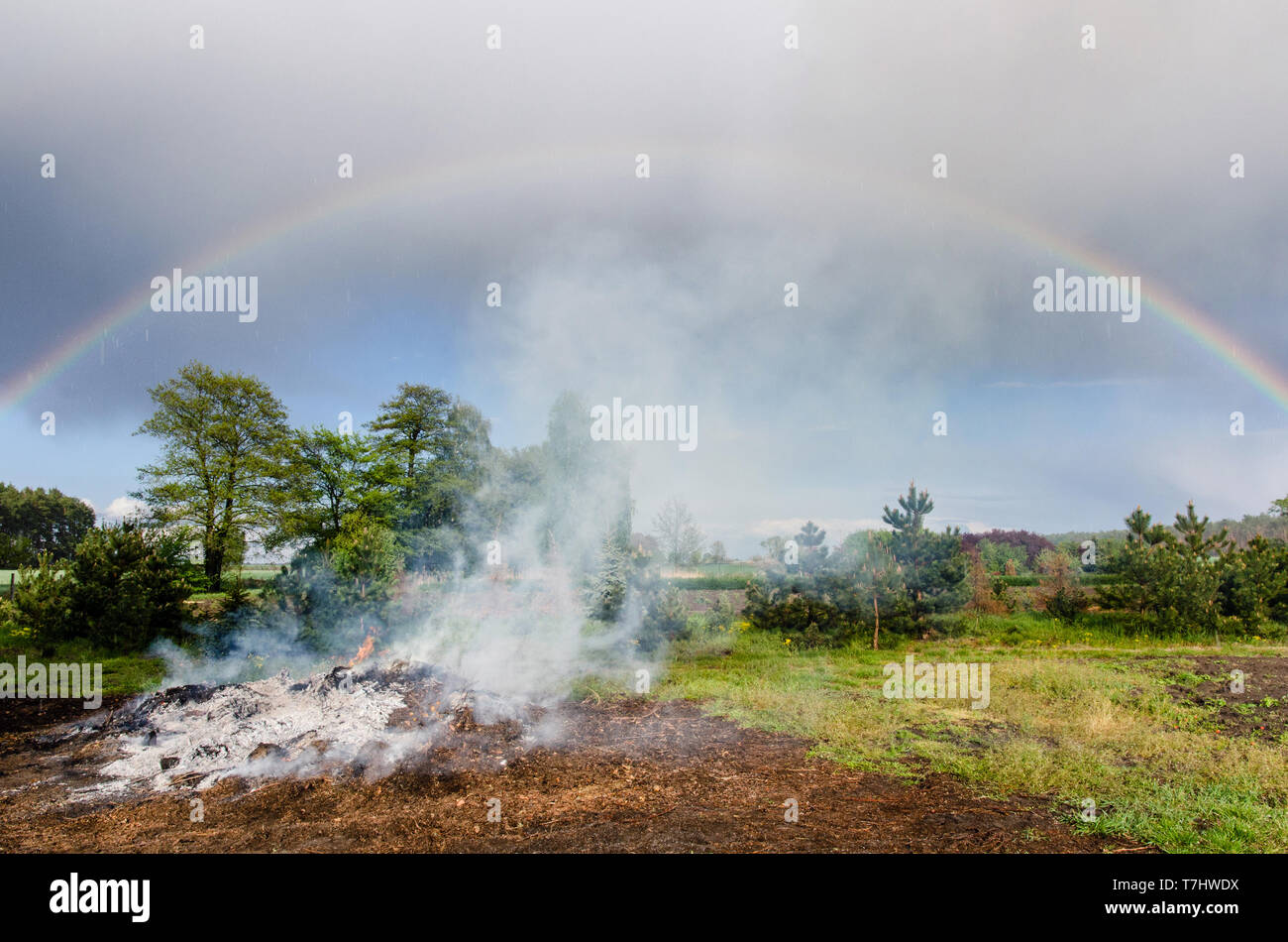 smoke from a large rural bonfire in the countryside slowly rising into the clouds filled sky with a beautiful rainbow during slight rain Stock Photo