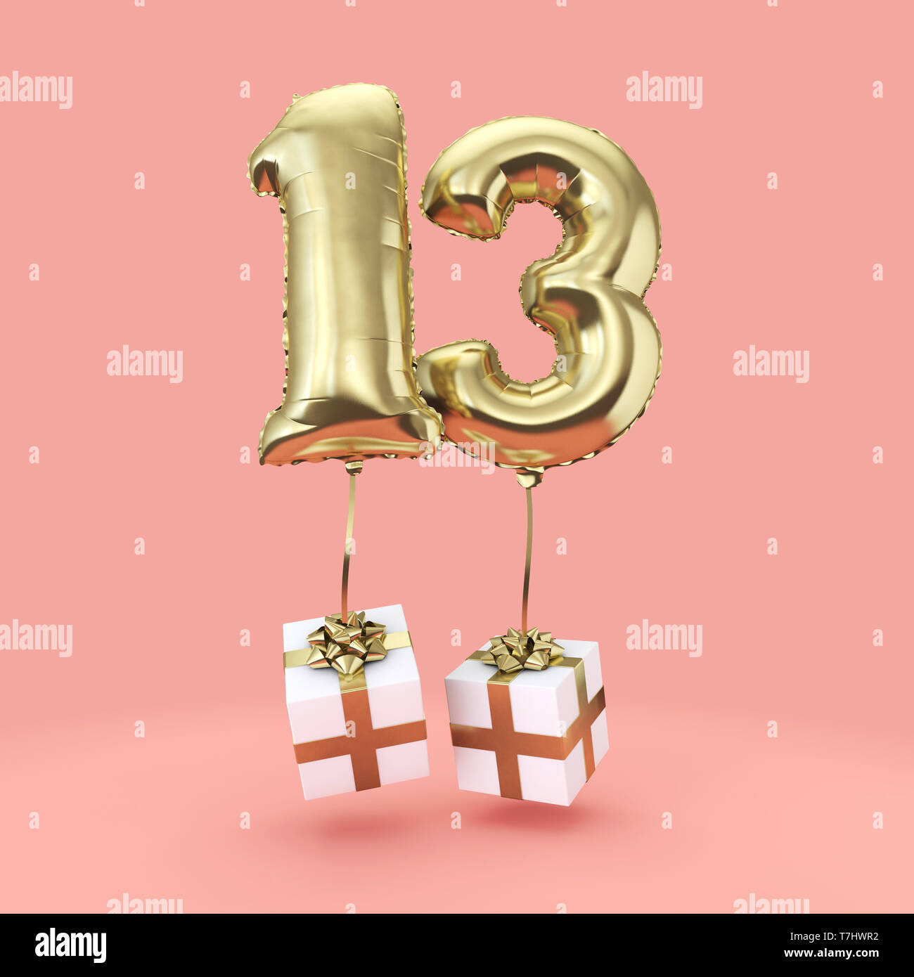 Number 13 birthday celebration gold foil helium balloon with presents
