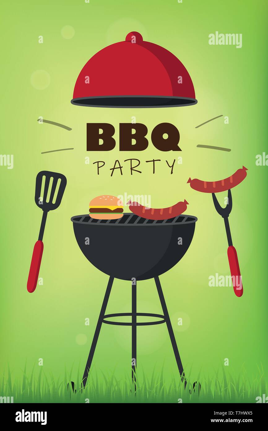 barbecue naaimachine diefstal bbq party red kettle barbecue with sausages burger and grill cutlery on  green summer background vector illustration EPS10 Stock Vector Image & Art  - Alamy