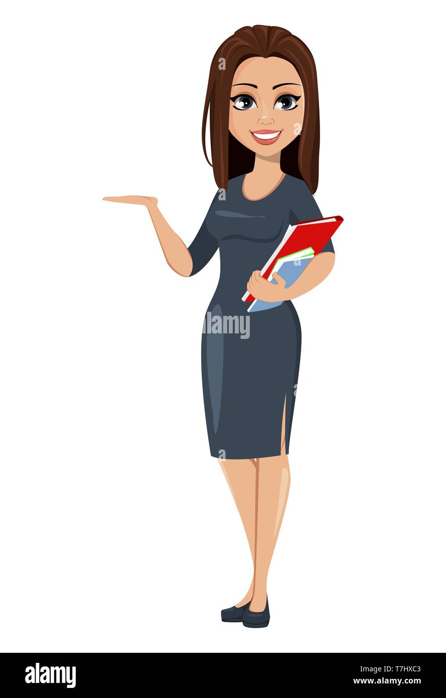 Modern young business woman with documents showing somethings. Cheerful  cartoon character businesswoman in gray dress. Vector illustration on white  ba Stock Vector Image & Art - Alamy