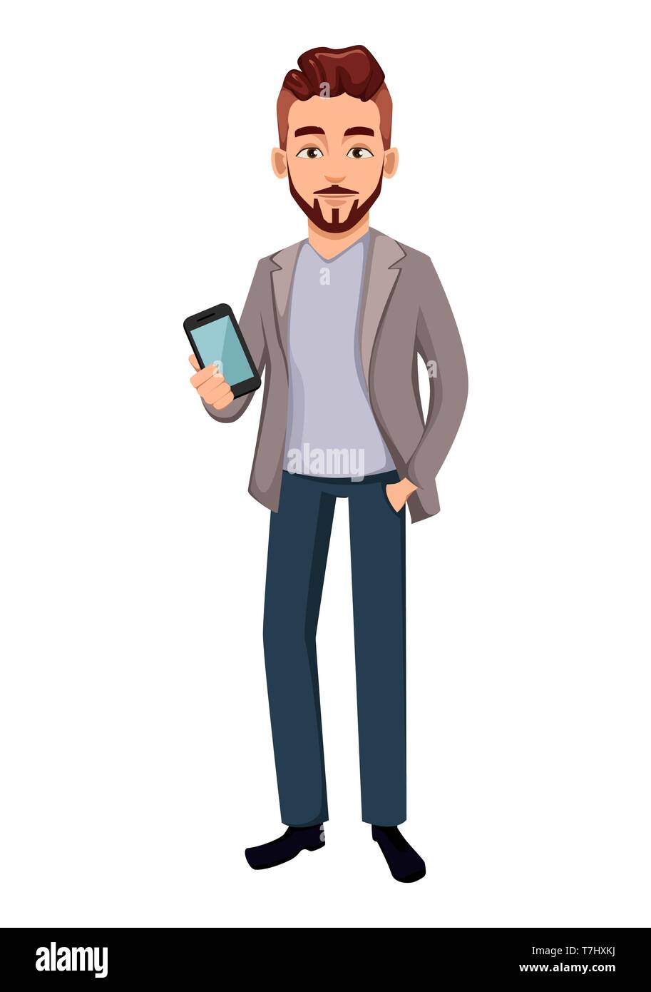 Handsome confident business man with smartphone. Cartoon character ...