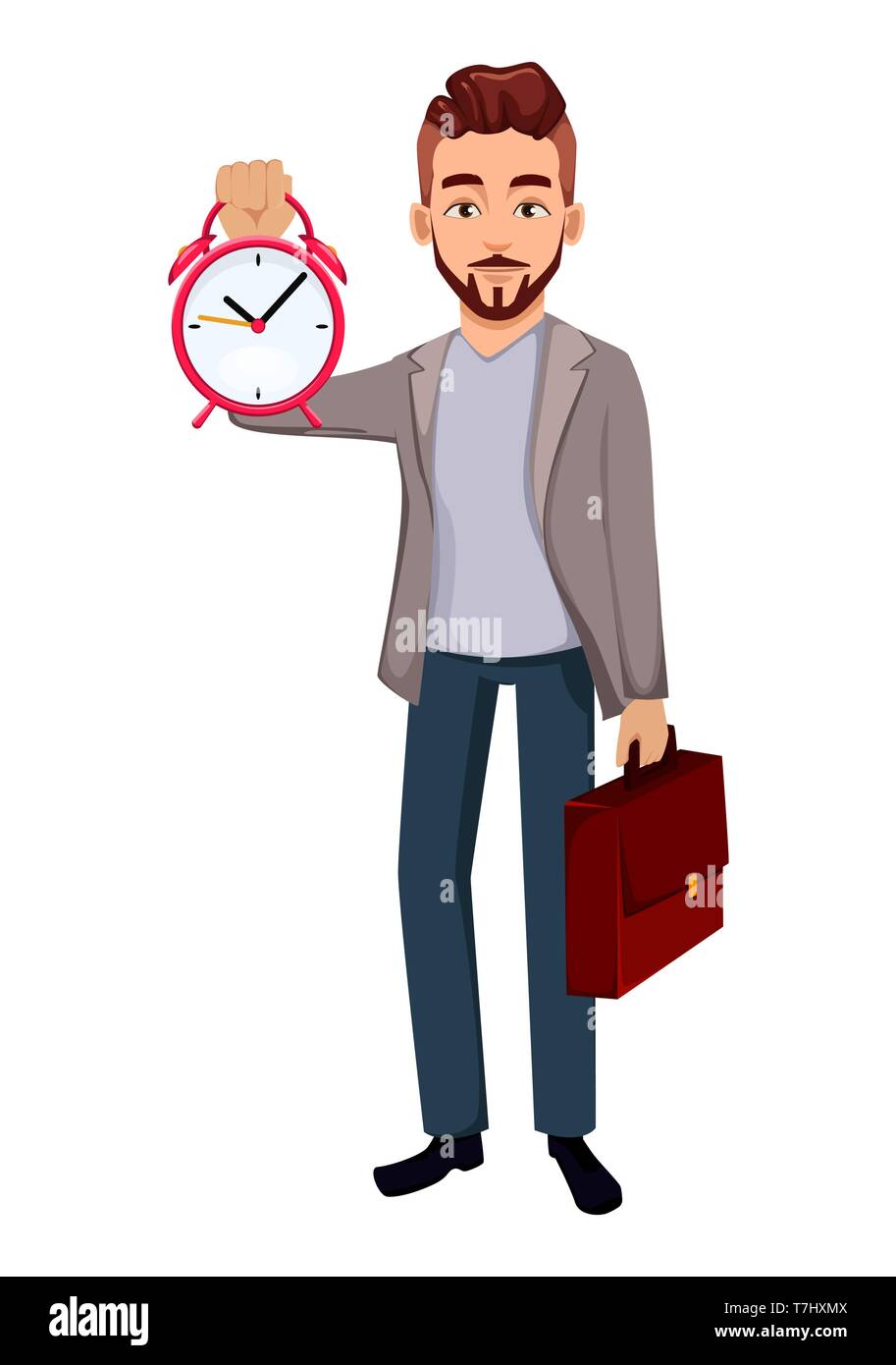 Handsome confident business man with briefcase and alarm clock. Cartoon  character businessman in casual clothes. Vector illustration on white  backgrou Stock Vector Image & Art - Alamy