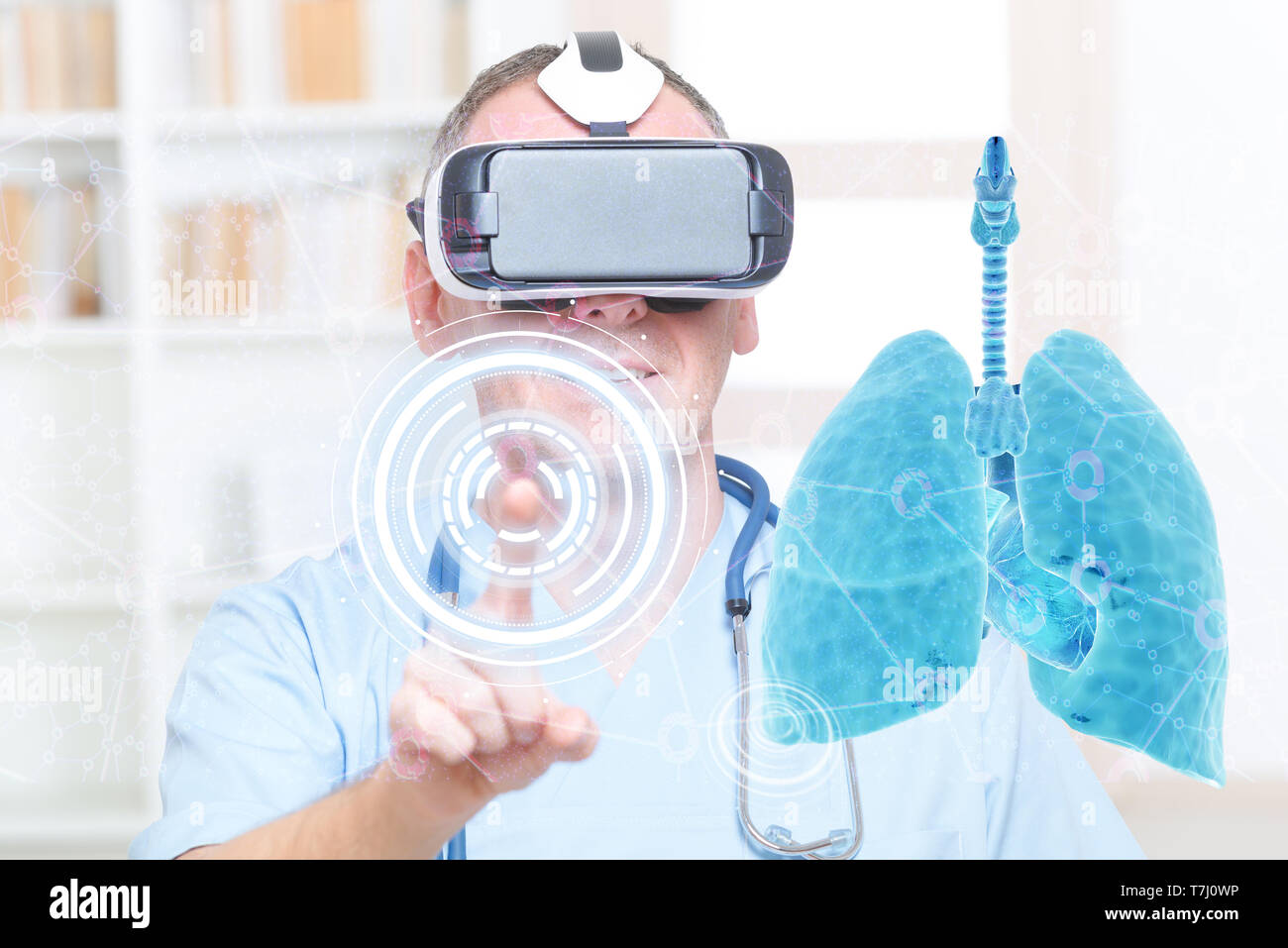 Medical doctor using virtual reality headset at his work with lungs Stock Photo