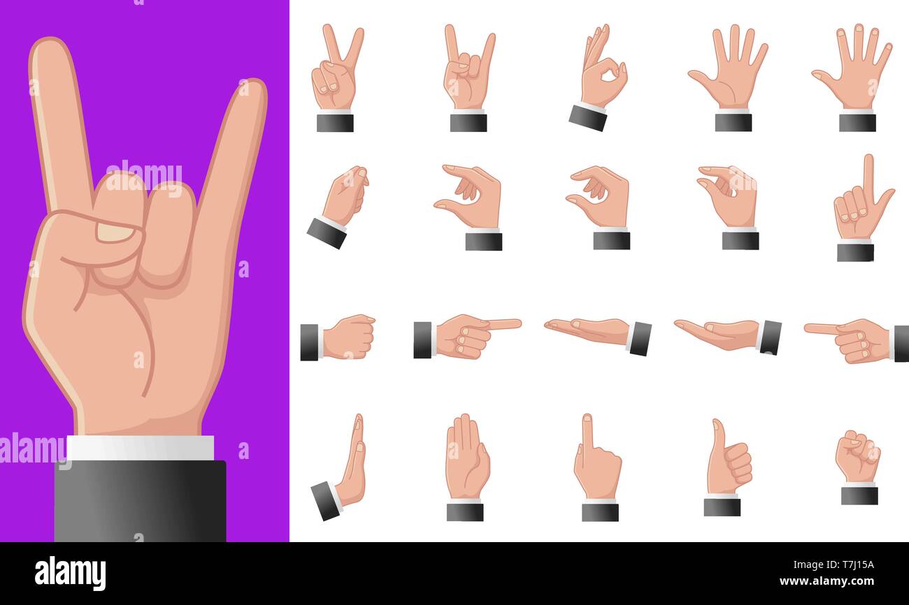 Various gestures of human hands isolated on a white background. Vector flat illustration of male hands in different situations. Vector design elements Stock Vector