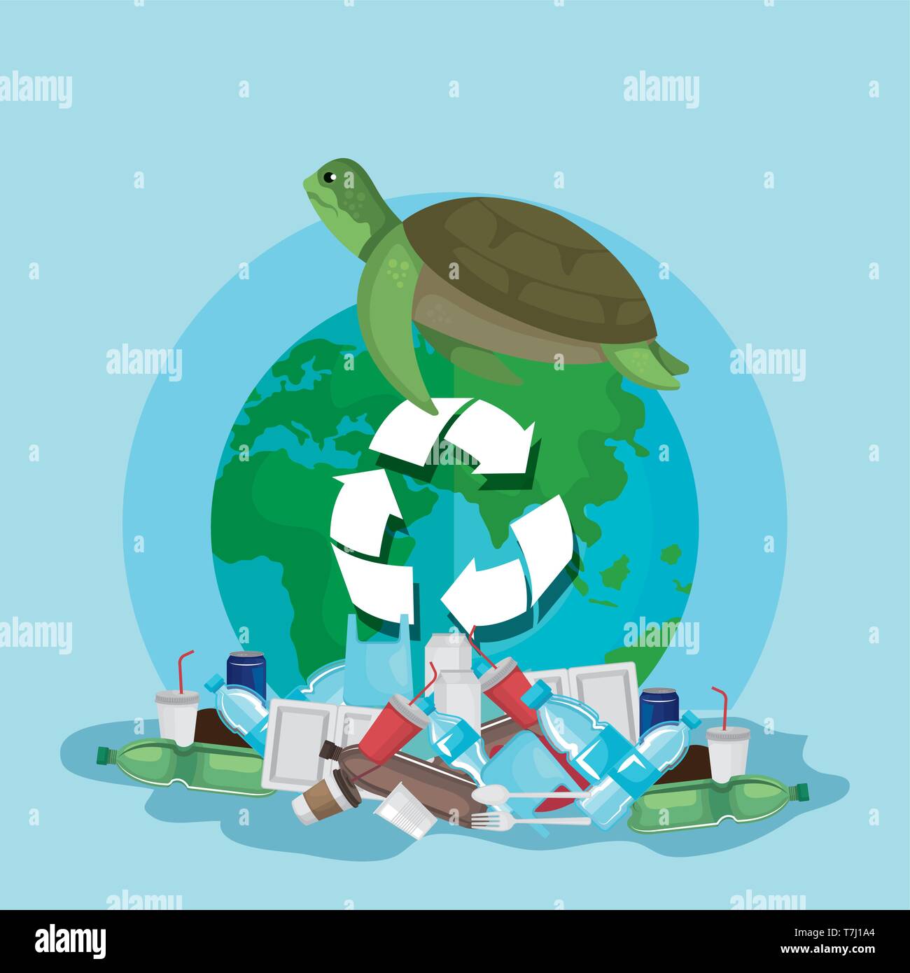 toxic plastics waste pollution and turtle animal contamination Stock Vector