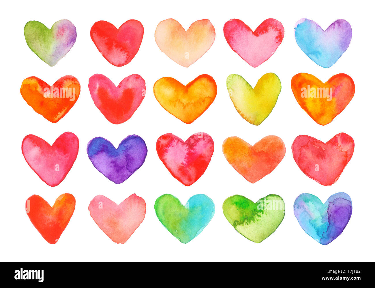 Watercolor set of colorful hearts carefully isolated on white ...