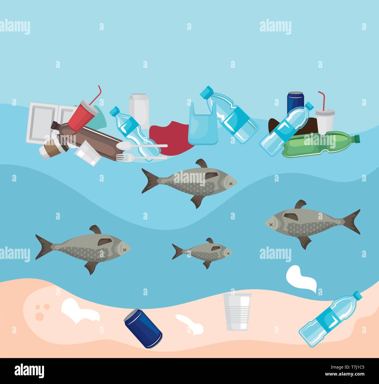 toxic plastics in the sea and fishes animals contamination Stock Vector