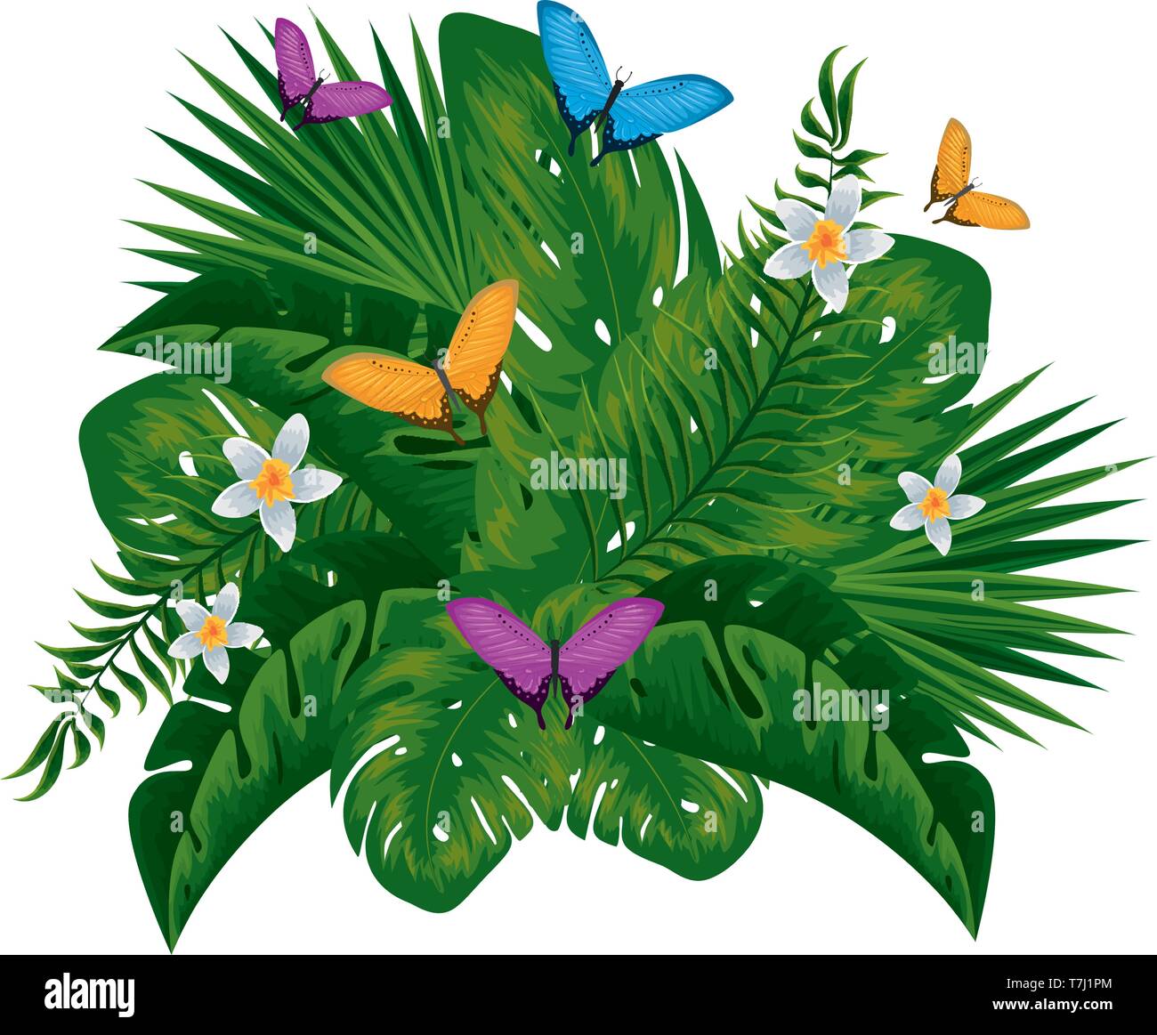 heliconia flower tropical plant with leafs and butterflies Stock Vector ...
