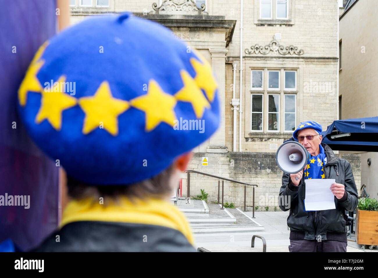 Members from the pro EU Bath for Europe group are pictured as they take part in an anti Brexit protest march through the streets of Bath 5-05-19 Stock Photo