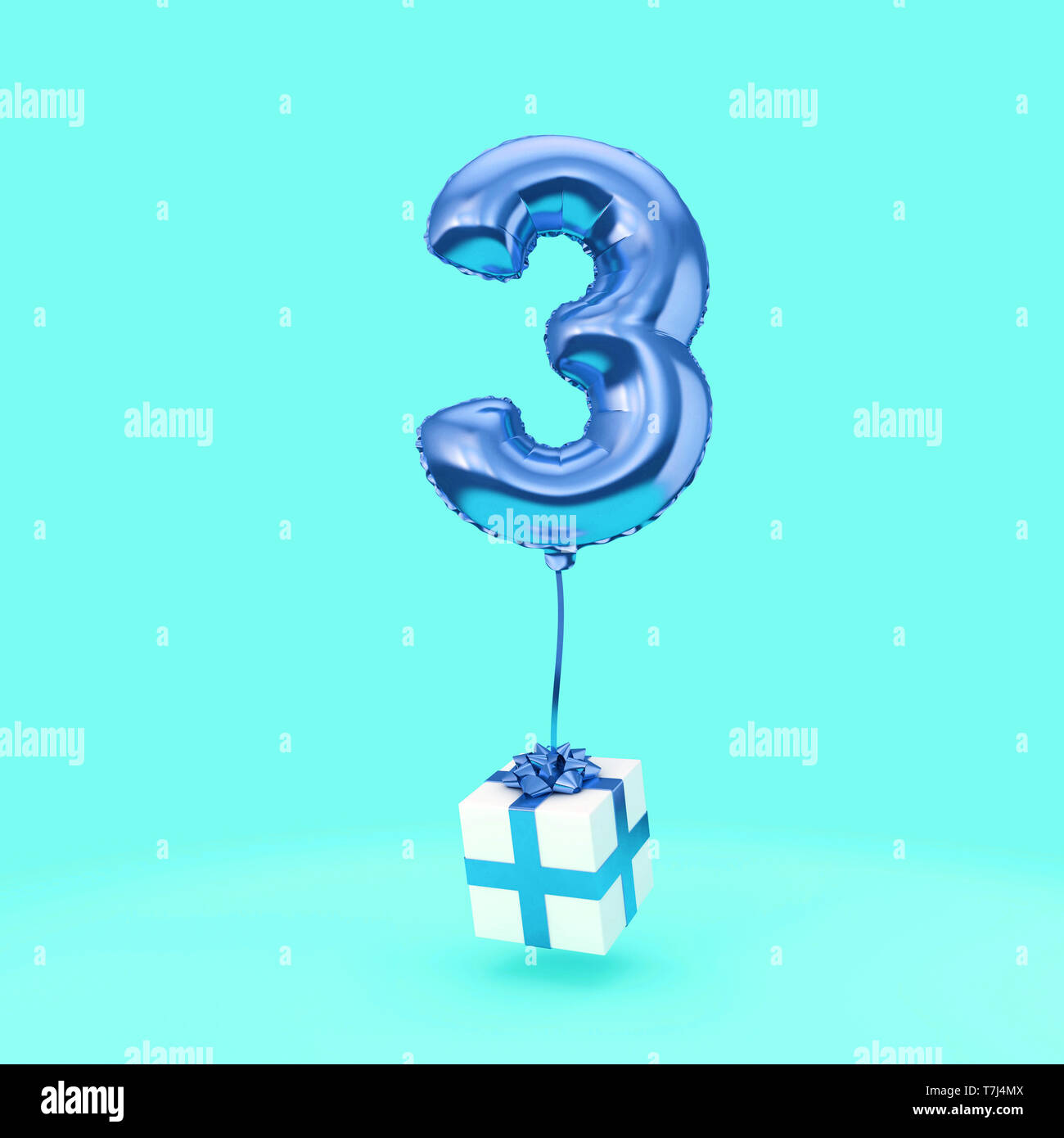 Number 3 birthday celebration foil helium balloon with presents. 3D Render  Stock Photo - Alamy