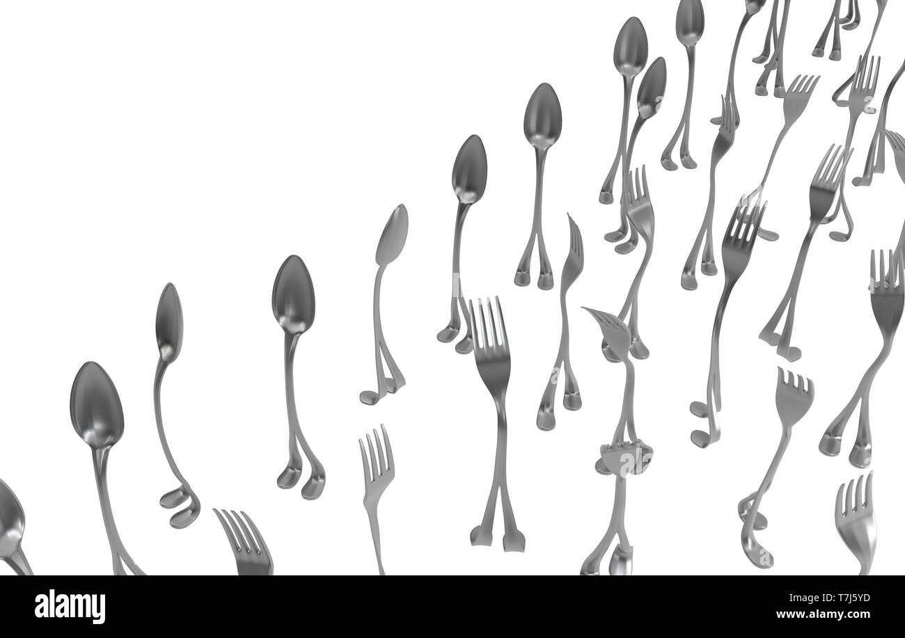 Forks and spoons metal with legs, crowd held back, 3d illustration