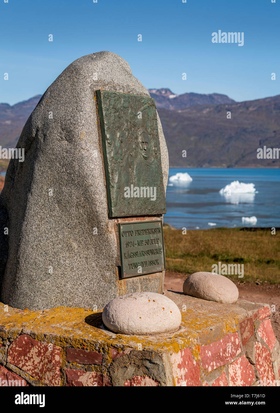 Otto Fredriksen memorial stone, Qassiarsuk or Brattahlid, South Greenland Stock Photo