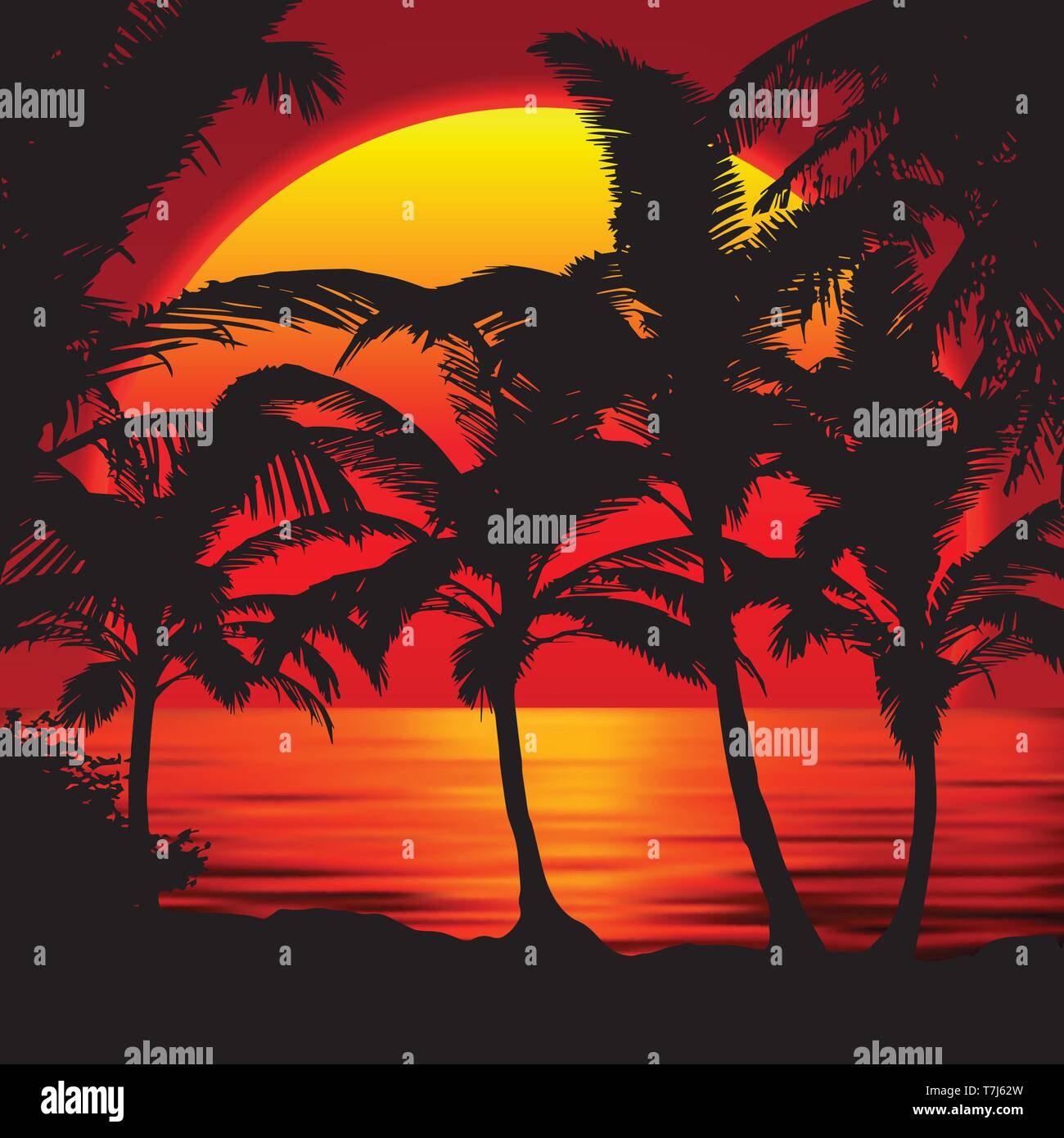 Sunset beach with palms. Sunset landscape with colorful sunset sky gradient.Red Sun reflecting in the water Stock Vector