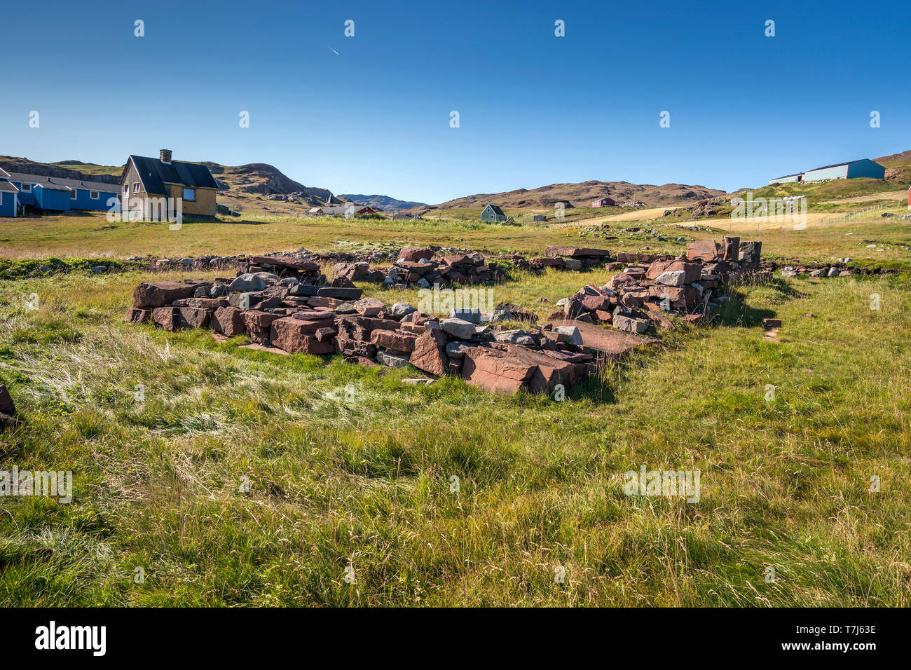 Stone ruins by Thjodhildur Church, Qassiarsuk or Brattahlid, South Greenland Stock Photo