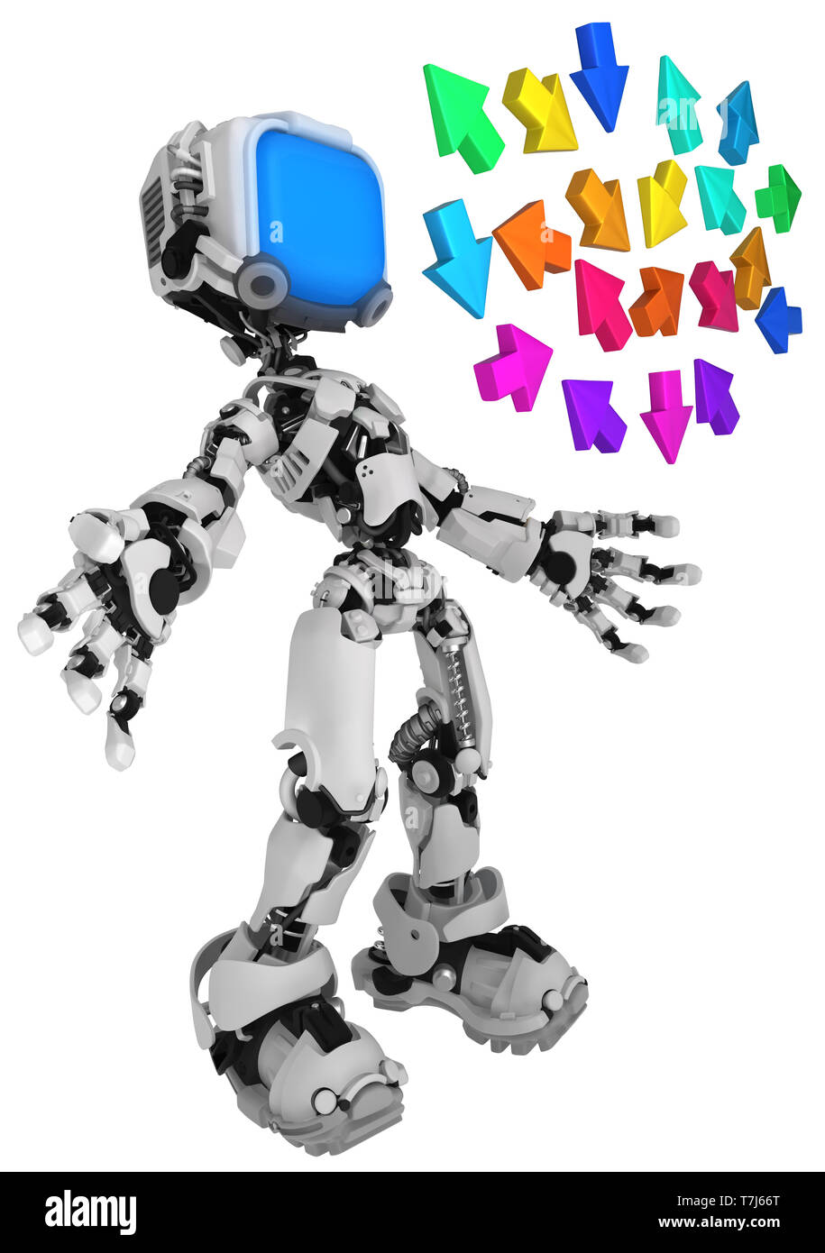 Screen robot figure character pose with color arrows, 3d illustration